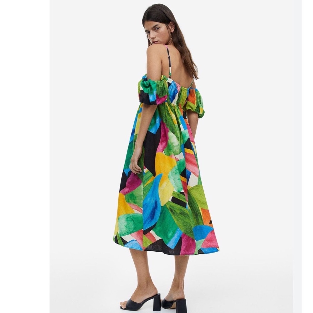 H&M Women Multicolor Abstract Leaf Print Linen Blend Off Shoulder Midi Dress S